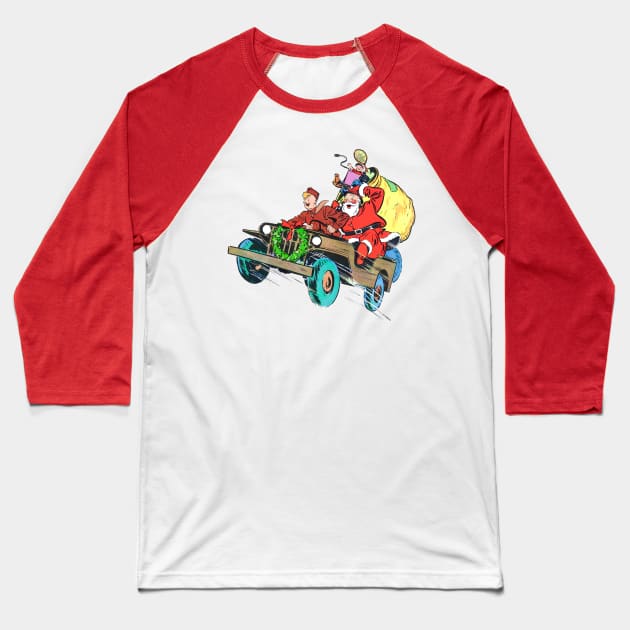 Retro Christmas Military truck at full speed with soldier carrying Santa Claus to deliver gift toys in Christmas fun Vintage Comic Book Baseball T-Shirt by REVISTANGO